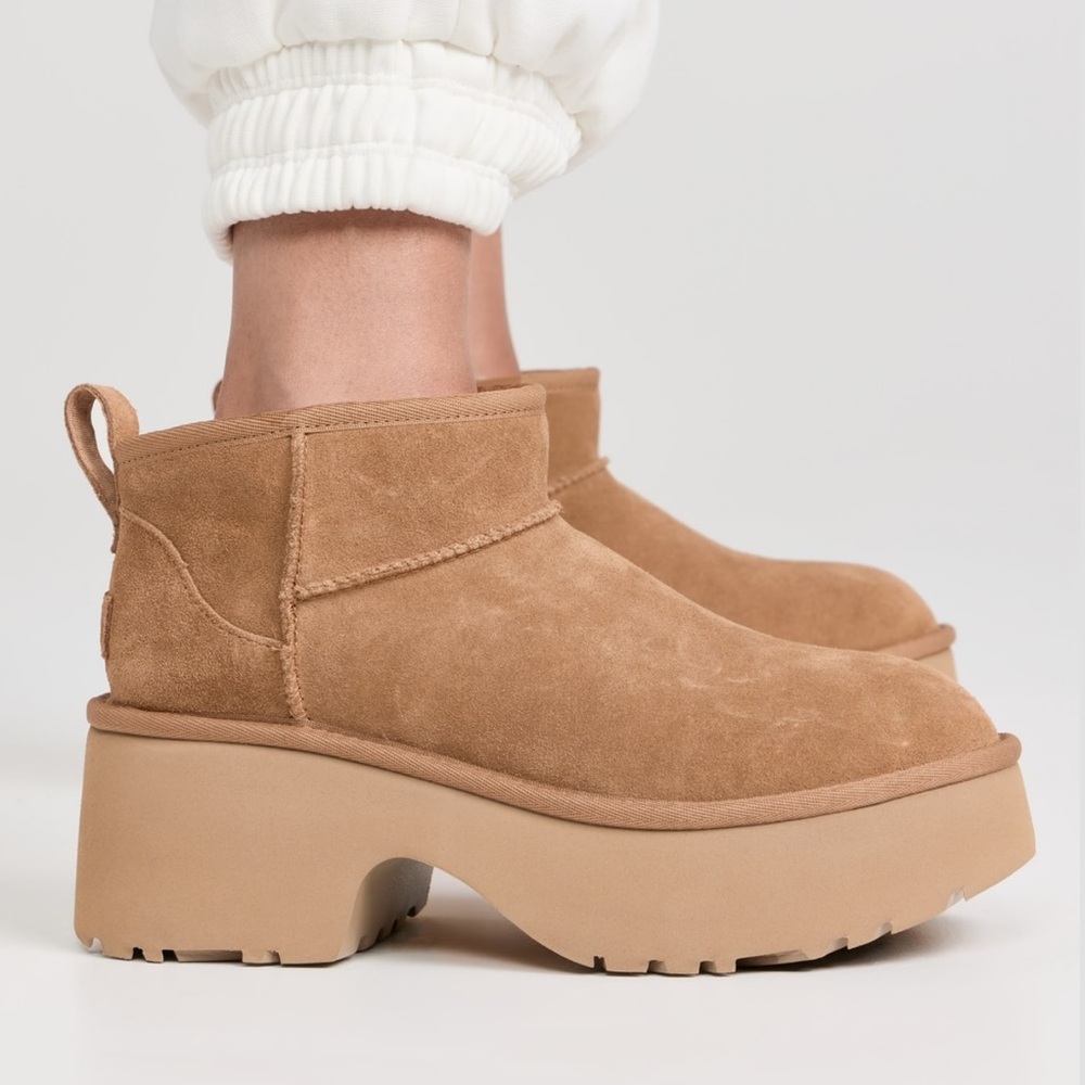 UGG suede tan 
Classic Ultra Mini New Heights Boots Sz 7 NEW